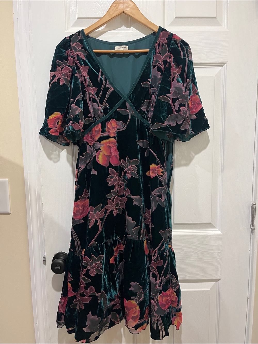 Max Studio Deep Teal Velvet Floral Midi Dress with Pink and Yellow Blooms